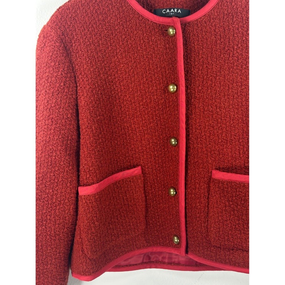 CAARA Joe Relaxed Fit Cropped Wool Boucle Red Jacket Rollneck Tweed Old Money - Picture 3 of 12